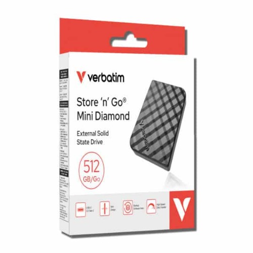 Verbatim 32024 Store’n’Go Mini Diamond SSD USB-C 512GB, USB 3.2 Gen 2, 1000MB/s Read/Write, USB Flash Drive, External SSD