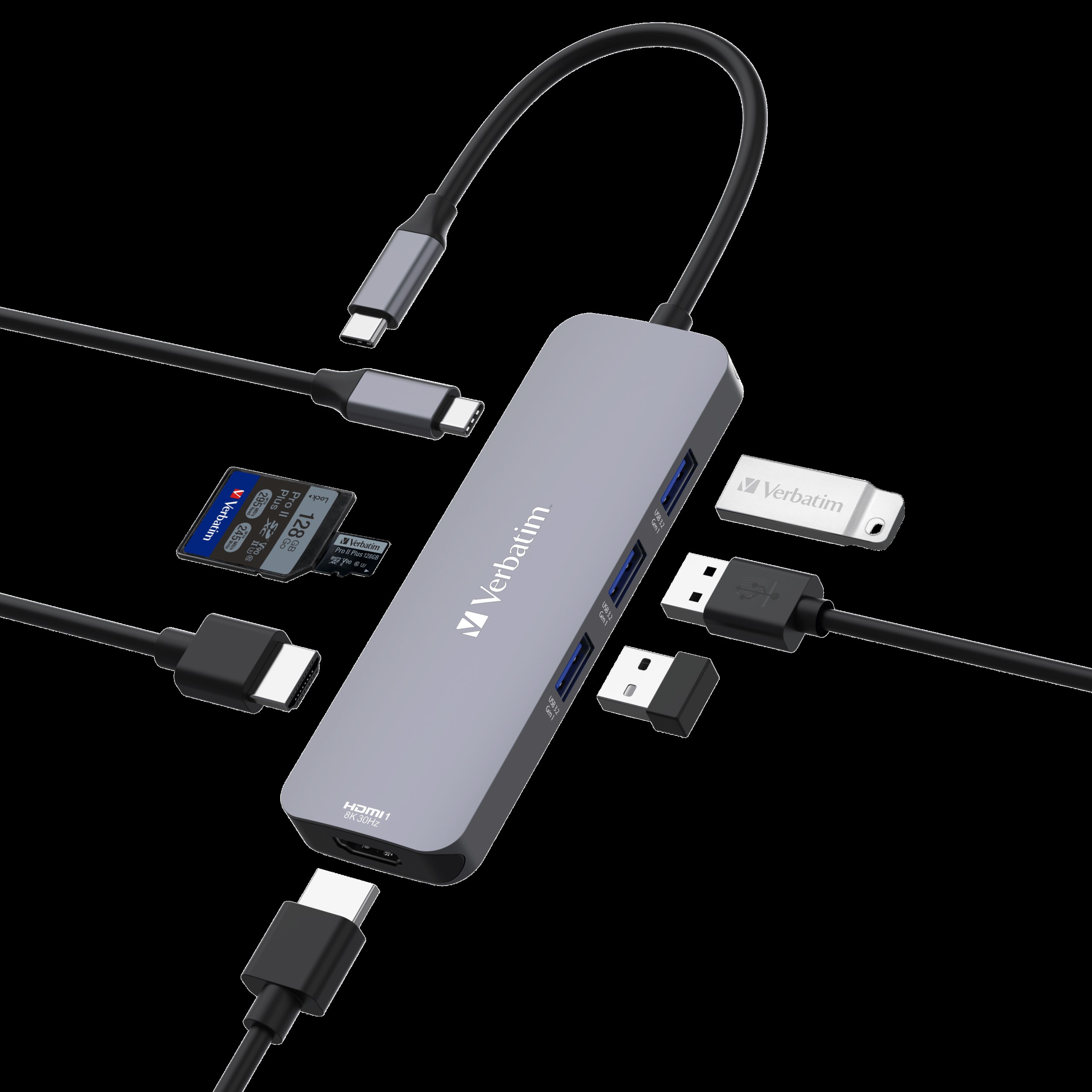 Verbatim USB-C Pro Multiport Hub 8 Ports, 2x HDMI 8K30+4K30 dual display, 3x USB-A 3.2 Gen1, SD + microSD, USB-C PD 100W in/85W to host
