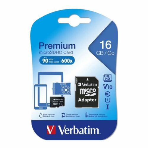 Verbatim Micro SDHC 16GB (Class 10) with Adaptor Up to 45MB/Sec 300X read speed