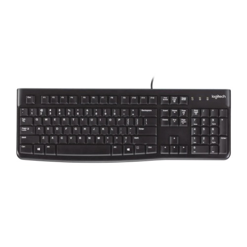 Logitech K120 Wired Keyboard Quiet typing Spill-resistant Durable keys Thin profile Curved space bar Adjustable tilt legs