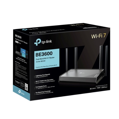 TP-Link Archer BE220 BE3600 Dual-Band Wi-Fi 7 Router(WIFI7) 688Mbps 2.4 GHz + 2882 Mbps  5 GHz,  4× external Antennas, 2.0 GHz Quad-Core CPU