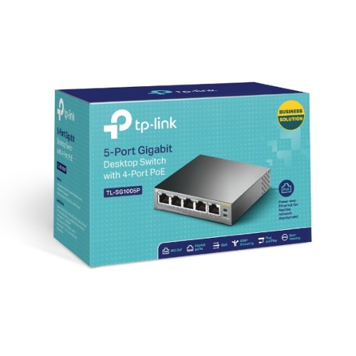 (CH)TP-Link TL-SG1005P 5-Port Gigabit Desktop Switch with 4-Port PoE, 5 Gigabit RJ45 ports including 4 PoE ports, 56W PoE Power supply, steel case
