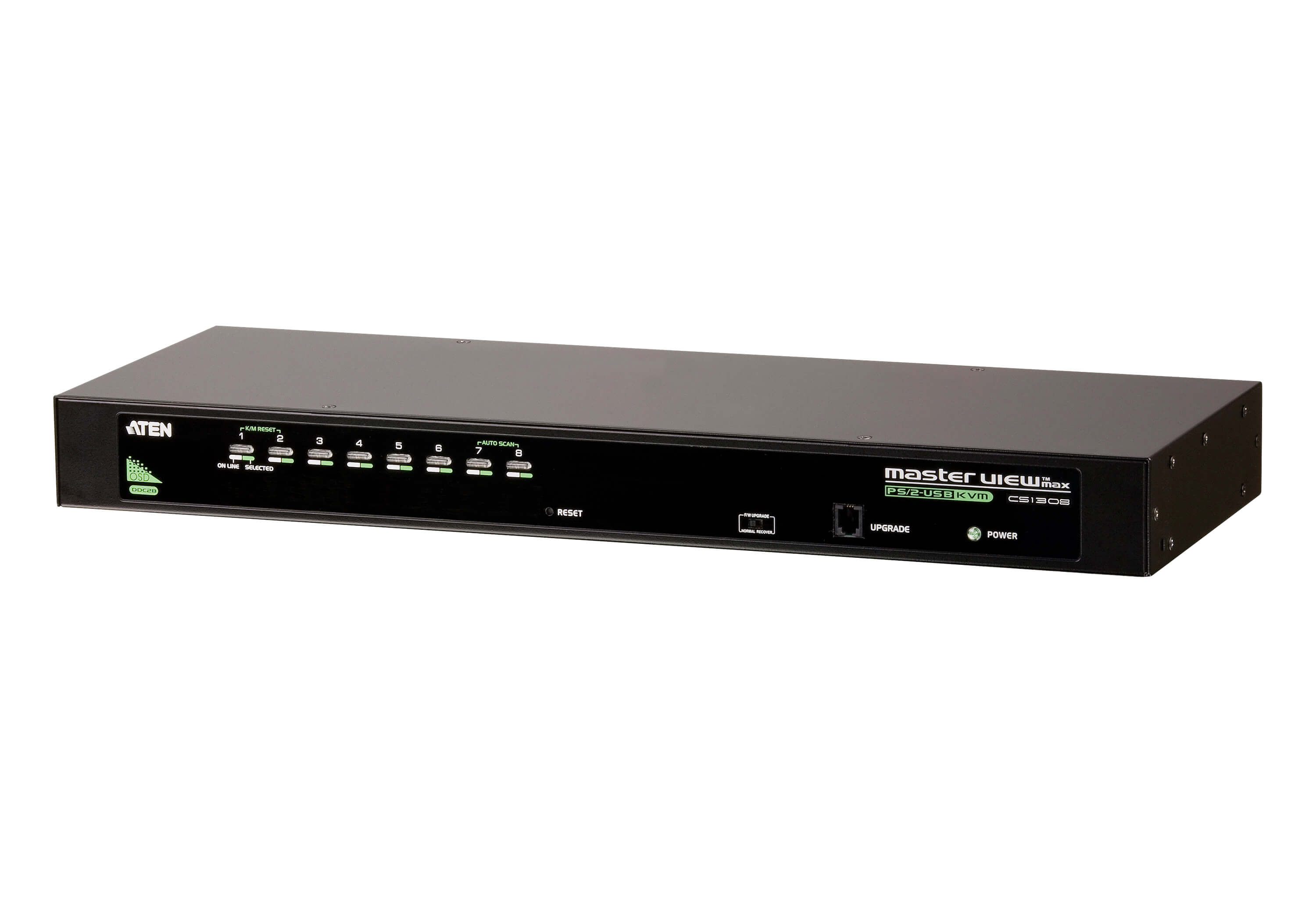 Aten Rackmount KVM Switch 8 Port VGA PS/2-USB, 1x Console cable (VGA, USB, PS/2; 27 cm/0.88 ft) Included, Selection Via Front & USD Menu