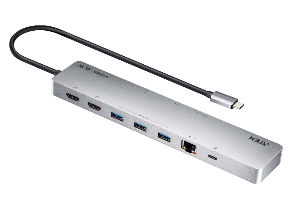 Aten 11-in-1 USB-C Multiport Dock with Power Pass-Through, 2x HDMI, 2x USB-C (1 for power delivery & 1 for data transmission), 3x USB Type-A, 1x SD, 1