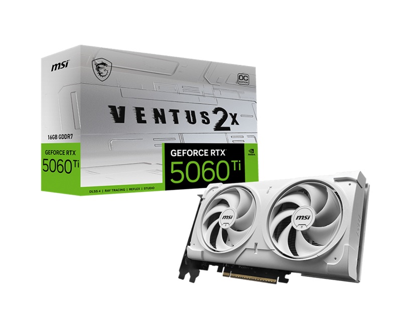 MSI nVidia GeForce RTX™ 5060 Ti 16G VENTUS 2X OC WHITE PLUS, Boost 2602 MHz, CUDA 4608, 16GB GDDR7, 28 Gbps, 600W PSU, HDMI™ x 1 (embargo)