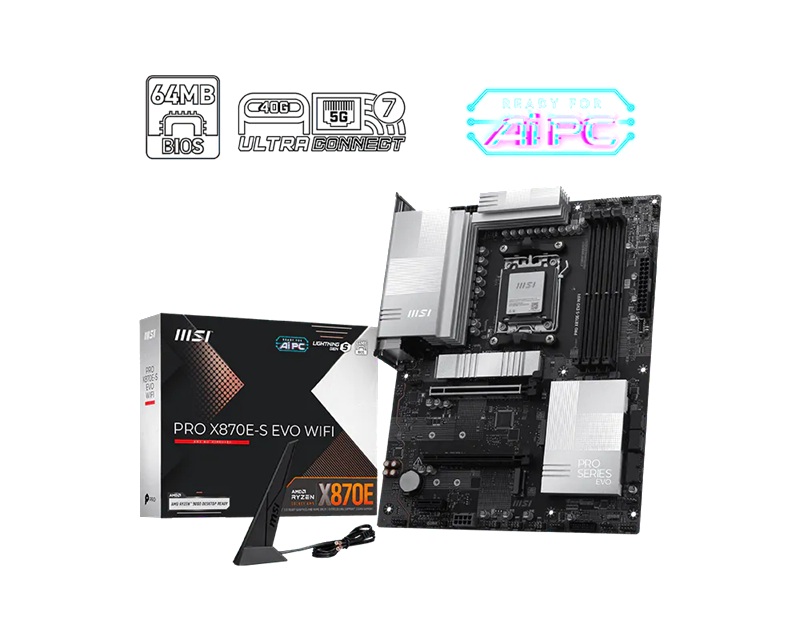 MSI PRO X870E-S EVO WIFI, AMD X870E, AM5, DDR5 256GB, PCIe 5.0, 3x M.2, Wi-Fi 7, 5G LAN, USB 40Gbps