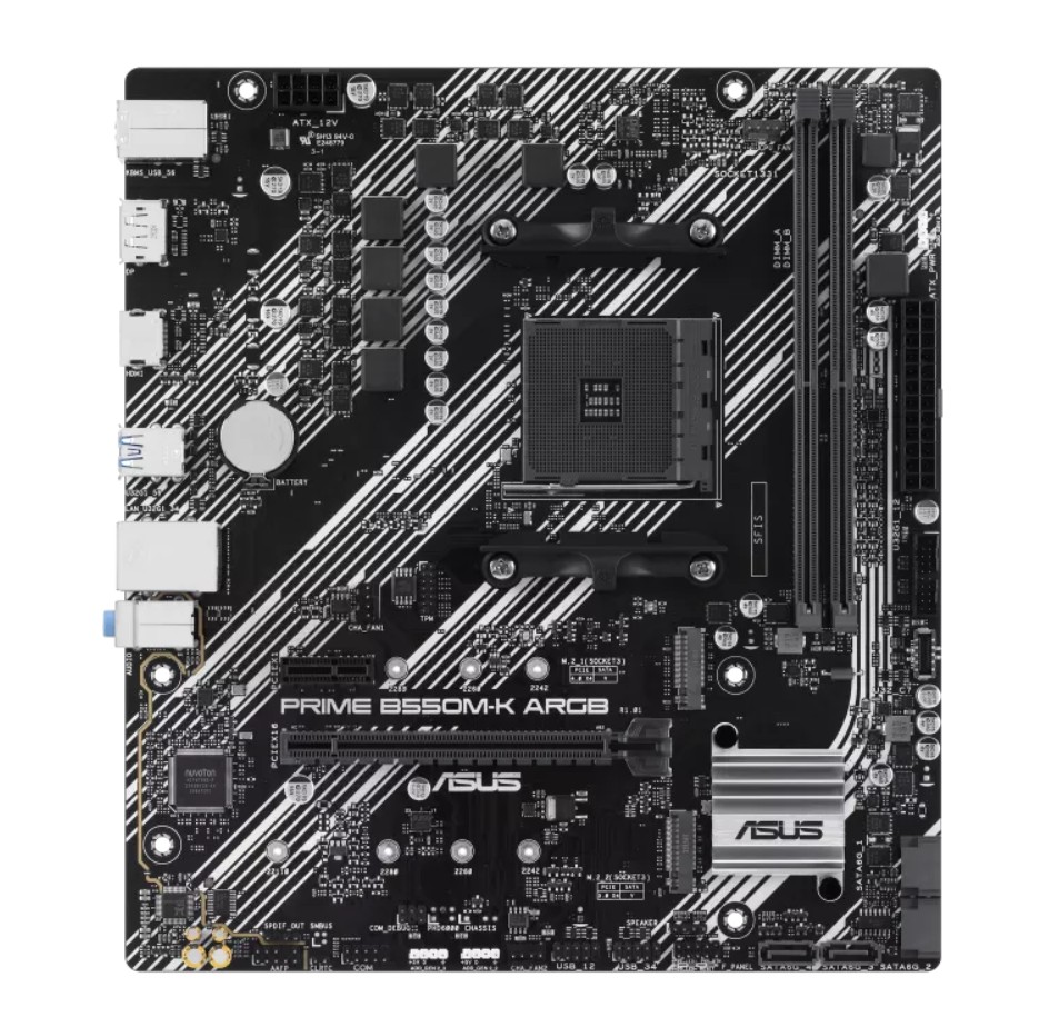 ASUS AMD B550M PRIME B550M-K ARGB (Ryzen AM4) Micro-ATX Motherboard 2x DDR4 64GB,  Dual M.2,  PCIe 4.0, Realtek 1Gb Ethernet, DP, HDMI