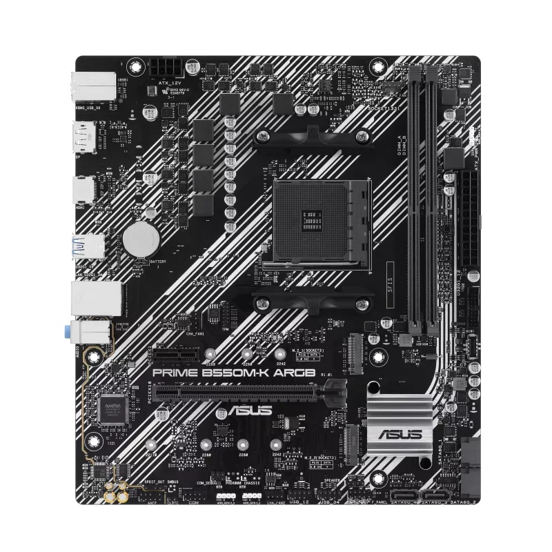 ASUS AMD PRIME B550M-K ARGB (Ryzen AM4) Micro-ATX Motherboard, DDR4 64GB, PCIe 4.0, 2× M.2, 1GbE, Aura Sync