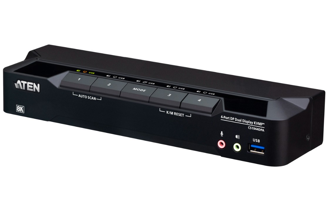Aten Desktop 4-Port USB 3.0 8K DisplayPort Dual-Display KVMP™ Switch, Up to 7680 × 4320 @ 60 Hz, 5120 × 2880 @ 60 Hz (Cables included)