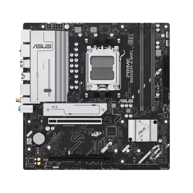 ASUS AMD PRIME B650EM-A WIFI (AM5) mATX Motherboard, DDR5 256GB, 1x PCIe 5.0 x16, 3x M.2 slots, 4x SATA, Wi-Fi 6, 2.5Gb LAN, 1x HDMI, 2x DP