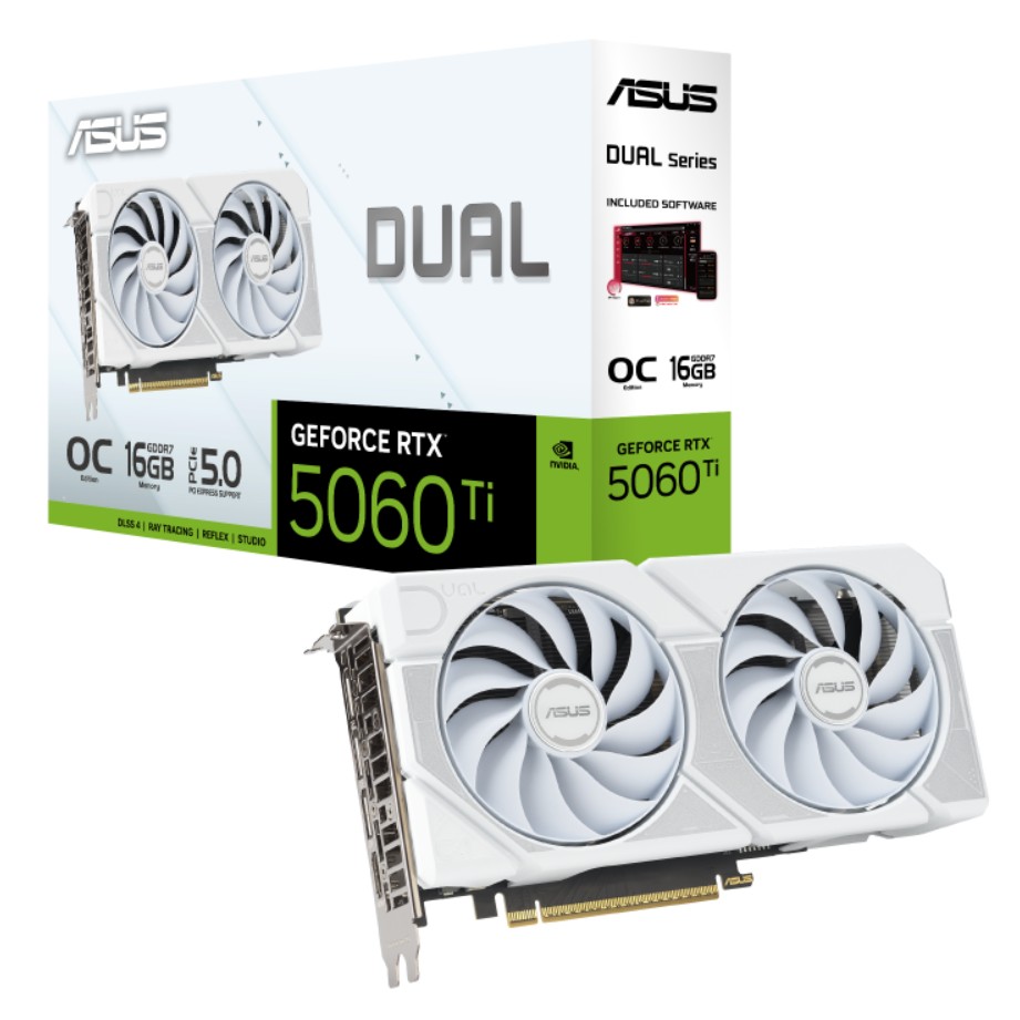 ASUS nVidia Dual GeForce RTX™ 5060 Ti 16GB GDDR7 OC Edition - White, 759 TOPs, 4608 CUDA, 28Gbps, 128-bit, PCIe 5.0, 2.5-Slot