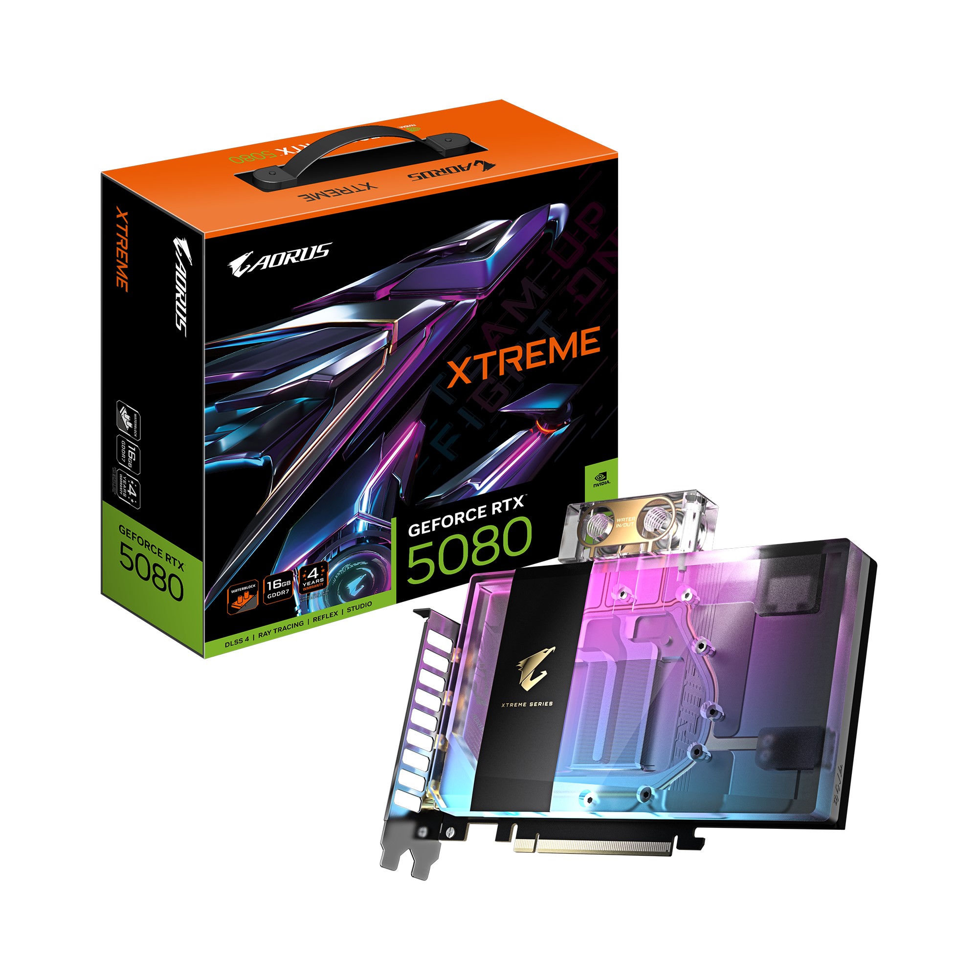 Gigabyte AORUS GeForce RTX™ 5080 XTREME WATERFORCE WB 16G, 2805 MHz, CUDA 10752, 30 Gbps, GDDR7, 256 bit, PCI-E 5.0, PSU 850W, HDMI 2.1b x1