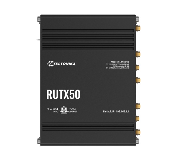 Teltonika RUTX50 Industrial 5G Router, 5G dual SIM cellular, 5x Gigabit Ethernet ports, dual-band WI-Fi, PSU included