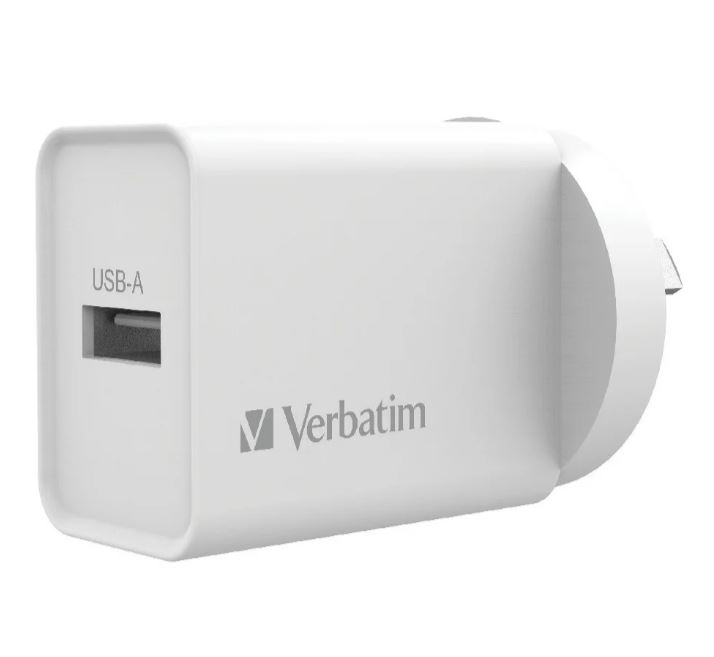Verbatim USB Charger Single Port 2.4A - White Single Port Wall Charger Rohs, CE, Apple, Android, tablet, Handheld. OC, OV, SS, OT, Fire Resistant.