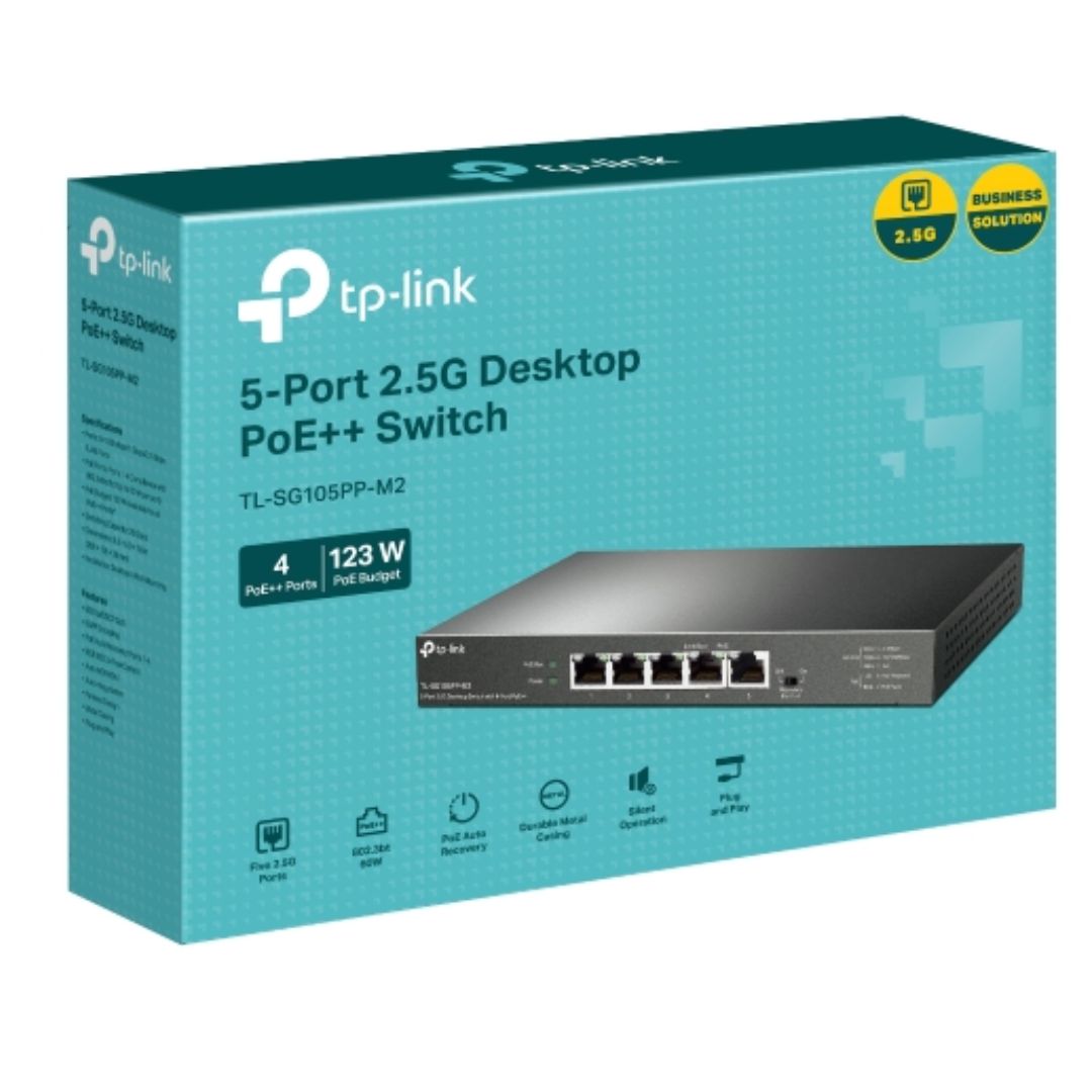 TP-Link TL-SG105PP-M2 5-Port 2.5G Desktop Switch with 4-Port PoE++, 4× 2.5G PoE++ Ports, 1x 2.5G Non-PoE Port, PoE Auto Recovery for Port1-4, Plug and