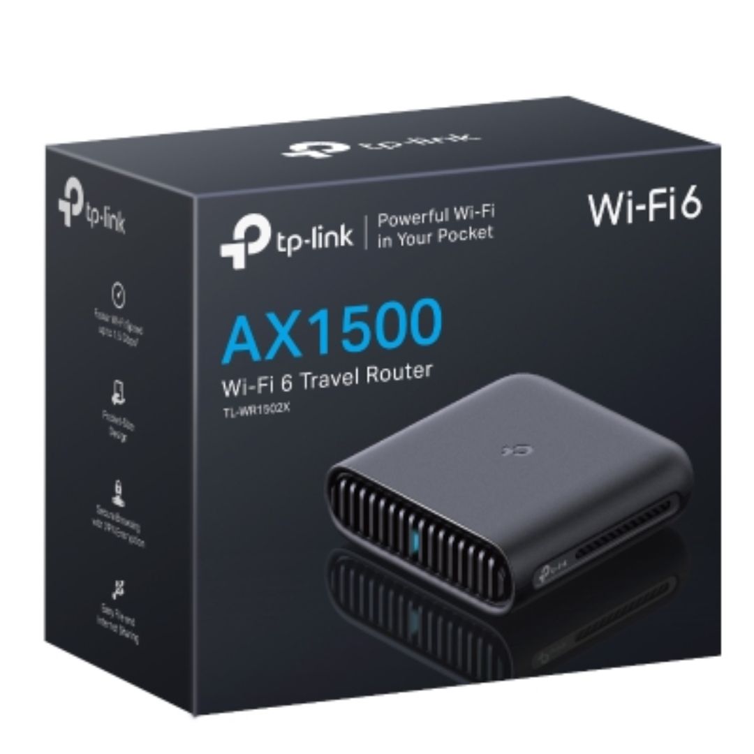 TP-Link TL-WR1502X AX1500 Wi-Fi 6 Travel Router, 1201 Mbps at 5 GHz + 300 Mbps at 2.4 GHz, 2× Internal Antennas, 1× Gigabit WAN Port + 1× Gigabit L