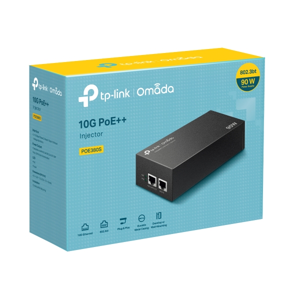 TP-Link POE380S Omada 10G PoE++ Injector PORT: 1× 10Gbps PoE Port, 1× 10Gbps Non-PoE Port, SPEC: 802.3bt/at/af Compliant, 90 W PoE Power, Data and Pow