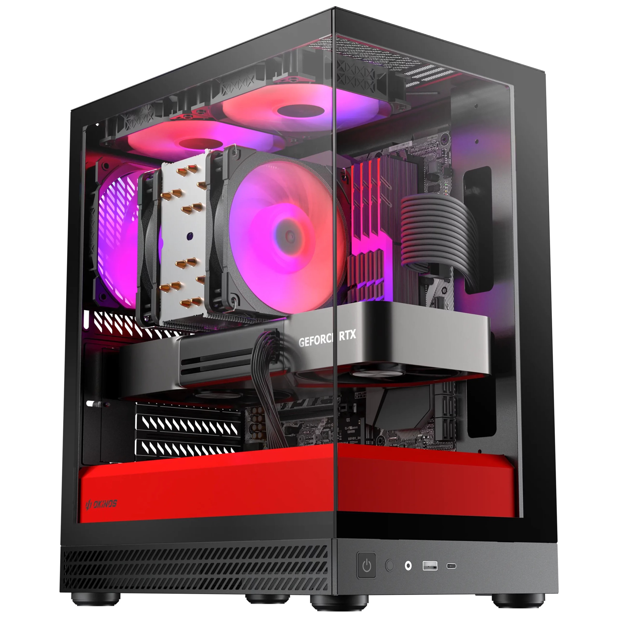 OKINOS AQUA UNO SCARLET, Mini Tower, Micro-ATX/ITX, 270° Tempered Glass, USB-C 5Gbps, 3× ARGB Fans, 309mm GPU, Dust Filters