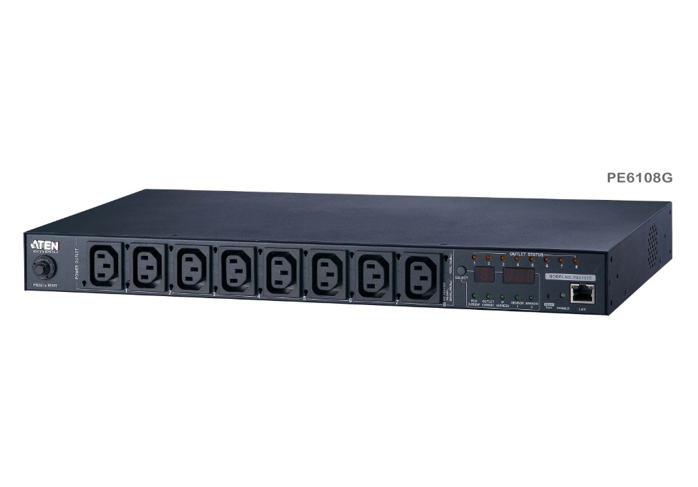 Aten 15A/10A 8-Outlet 1U Metered & Switched eco PDU, emote power outlet control (On, Off, Power Cycle) by individual outlets, Green Package
