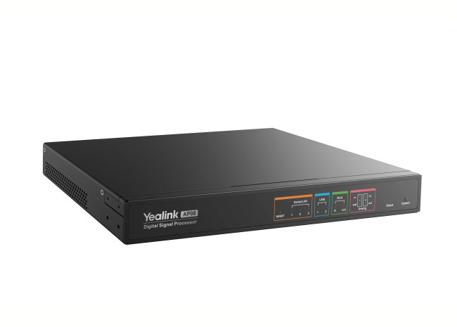 Yealink AP08 audio processor, 64x64 Dante channels, DSP, AEC, noise cancellation, reverberation suppression, 8x8 analog audio, dual USB-C, Teams Rooms