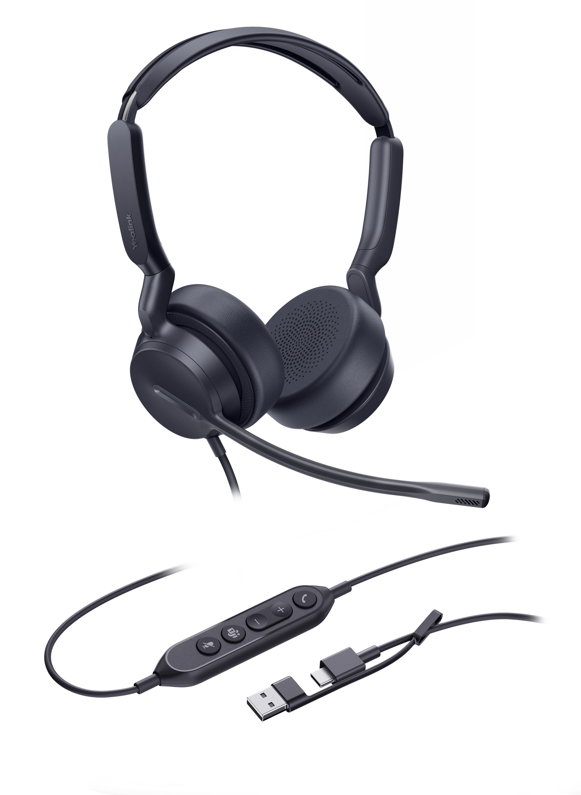 Yealink UH42 Dual Teams USB-C/A Microsoft Certified Teams USB Wired Headset, Noise-Canceling Microphone, Leather Ear Cushions Controller Teams  button