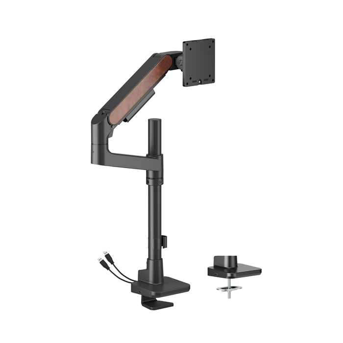 Brateck LDT81N-C012UCP Fusion Heavy-Duty Pole-Mounted Gas Spring Monitor Arm with USB-A/USB-C Ports For most 17'~49' Monitors, Fine Texture Black(New)