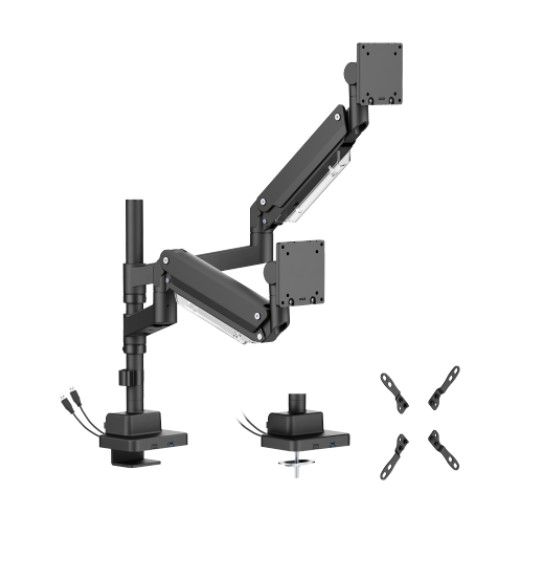 Brateck LDT80-C024UCP Matte Black Super Heavy-Duty Pole-Mounted Gas Spring Dual Monitor Arm with USB-A and USB-C Ports For most 24'-57' Monitors (LS)