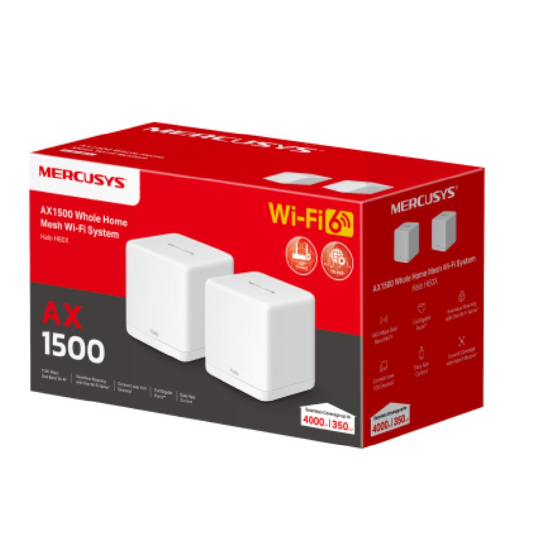Mercusys Halo H60X(2-pack) AX1500 Whole Home Mesh Wi-Fi 6 System, 300 Mbps at 2.4 GHz , 1201 Mbps at 5 GHz, QoS, IPTV, IPv6, MU-MIMO, Beamforming, Sma