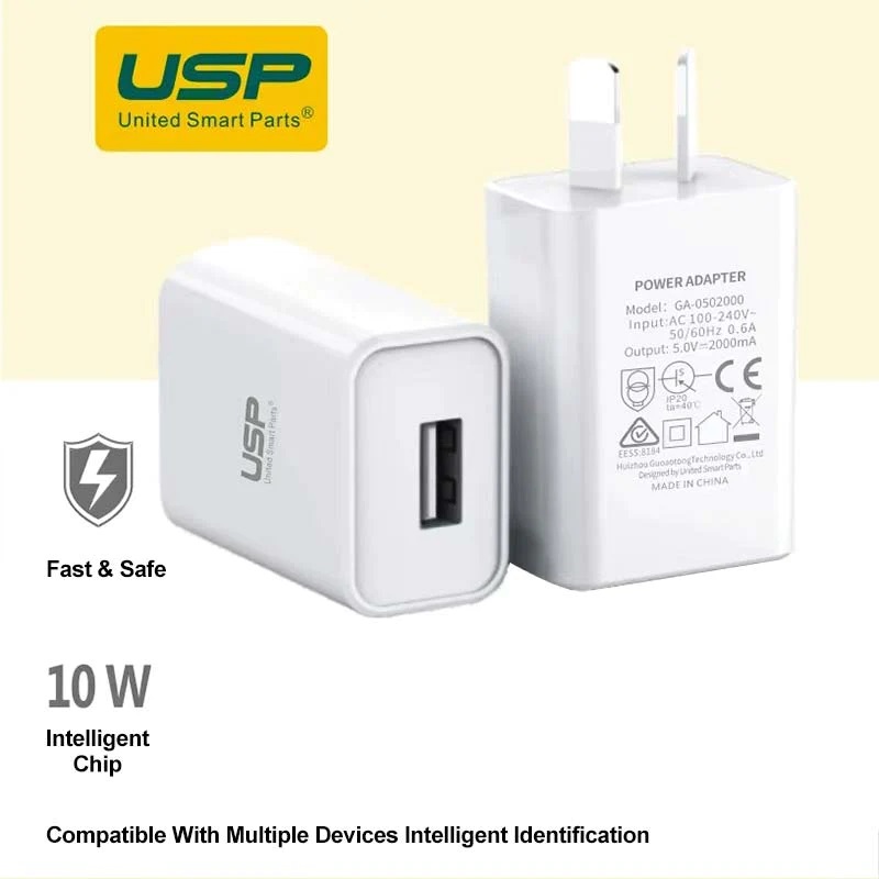 USP 10W USB-A Fast Wall Charger - White, Intelligent Chip, Smart Charging, Output Voltage DC5V/3A, Output Current 2A max, 5 Years Warranty