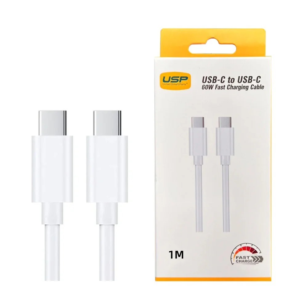 USP 60W USB-C to USB-C Mini Cable (1M) White - 3A , Fast Charge, High Performance, Samsung Galaxy,Apple iPhone,iPad,MacBook,Google, 5 Years Warranty