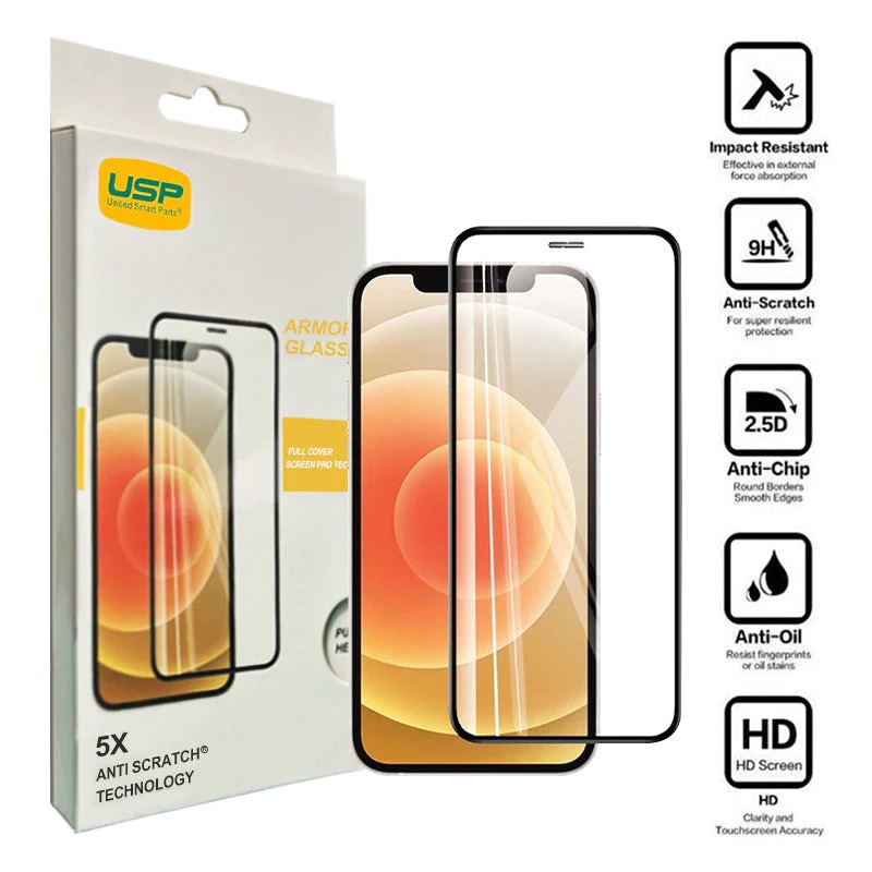 USP Apple iPhone 16 / iPhone 15 Pro / iPhone 15 (6.1') Armor Glass Full Cover Screen Protector - Impact-Resistant, Smooth Edges, 5 Years Warranty