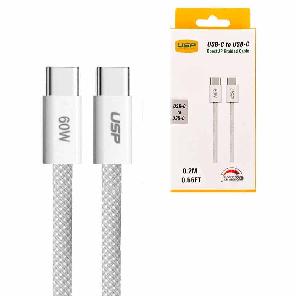 USP BoostUp Braided USB-C to USB-C Cable (0.2M) - White, 3A/60W, 480Mbps, 40K+ Bends, Safe & Fast, Apple iPhone, Samsung Galaxy, 5 Years Warranty