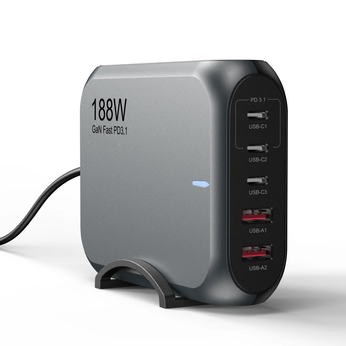 USP 188W GaN 5 Ports USB-C PD Laptop Wall Charger Black - 3x USB-C, 2x USB-A, Efficiently, High Quality, Tablet, Laptop, iPhone, 5 Years Warranty