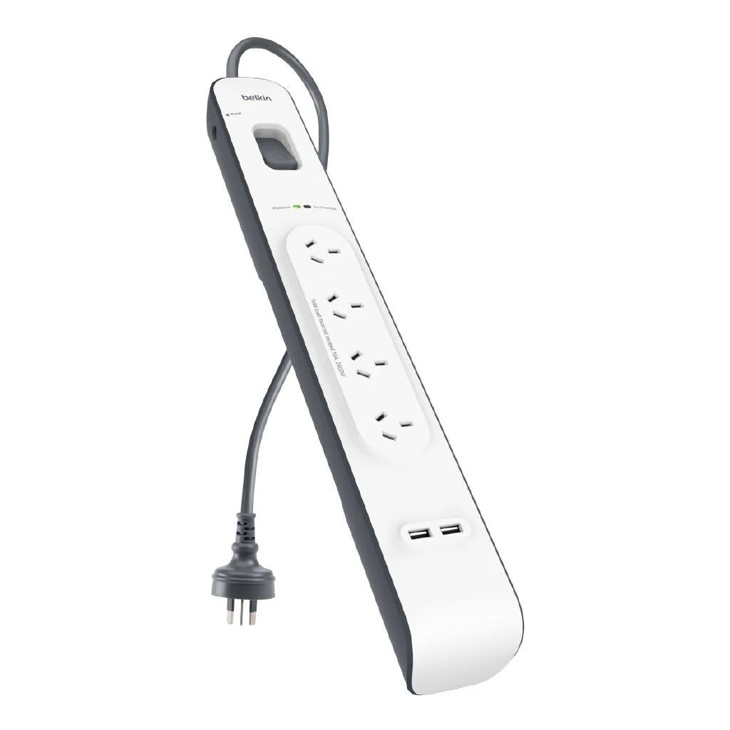 Belkin SurgePlus 4-Outlet Surge Protector With Dual USB Port 2.4 Amp-White(BSV401au2M),Heavy Duty 2M Power Cord,525 Joules,$20000 CEW,2 Years Warranty