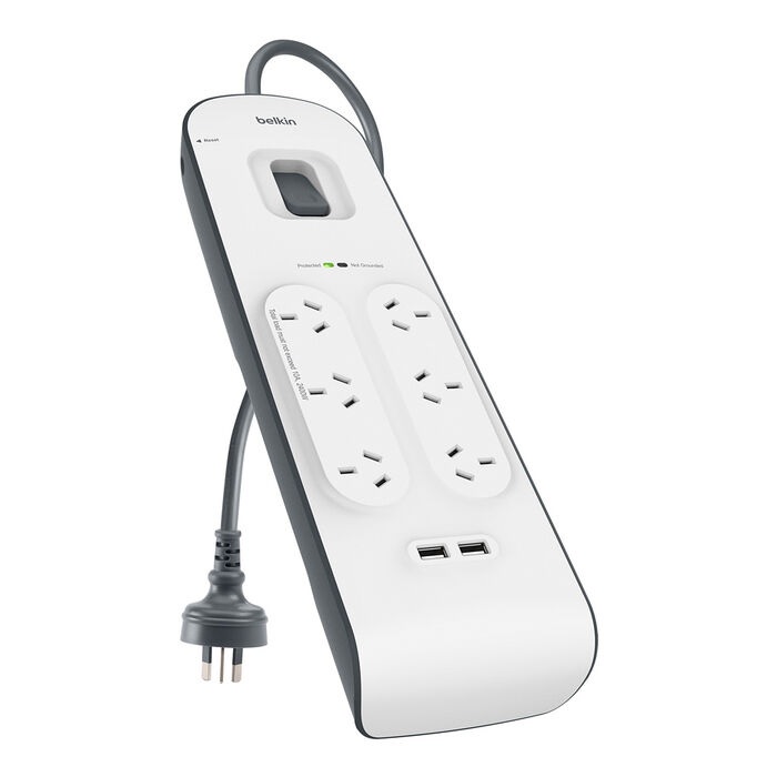 Belkin SurgePlus 6-Outlet Surge Protector With Dual USB Port 2.4 Amp-White(BSV604au2M),Heavy Duty 2M Power Cord,650 Joules,$30000 CEW,2 Years Warranty