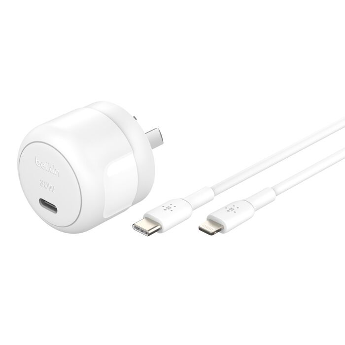 Belkin BoostCharge Compact 30W USB-C (PD 3.1) Wall Charger + USB-C to Lightning Cable - White (WCA008au1MWH-B5),$2500 CEW, 2 Years Warranty