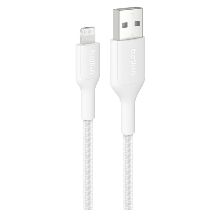 Belkin BoostCharge Pro Braided Lightning to USB-A Cable (1M) - White (CAA020FQ1MWH), 2.4A/15W, 480Mbps, 350K Bends, MFI-Certified, 2 Years Warranty