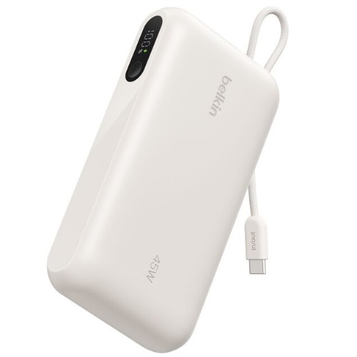 Belkin UltraCharge 10K mAh Power Bank & Display w/ Integrated USB-C Cable (20cm)-Sand(BPB029fqSA),2xUSB-C(45W),1xUSB-A(18W),$2500 CEW,2-Year Warranty