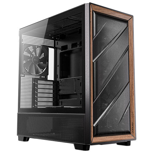 Antec Flux - Black, Mid Tower, E-ATX/ATX/Micro-ATX/ITX, Tempered Glass, Wood Front, USB-C 10Gbps, 5× PWM Fans, 2Yr Wty