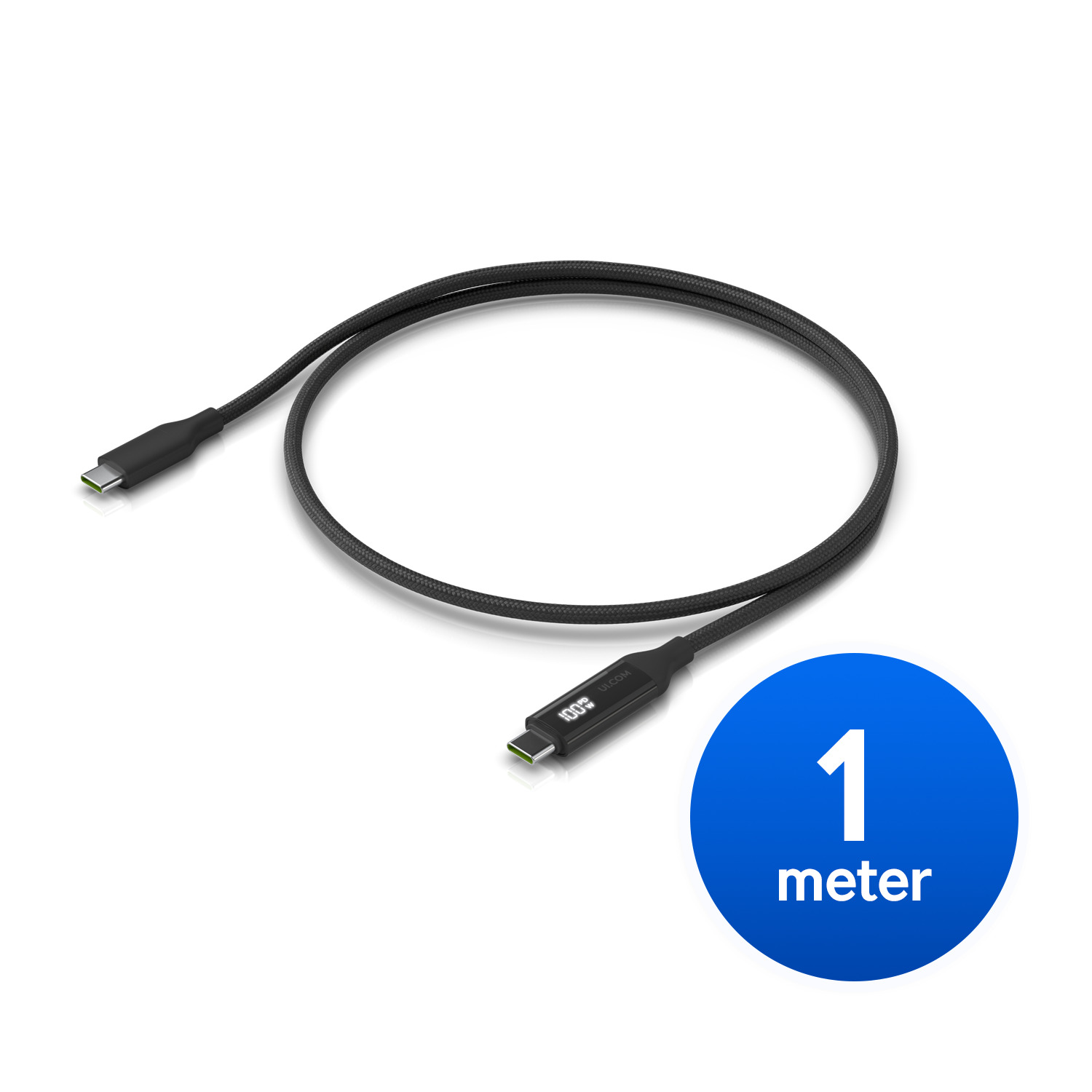 Ubiquiti USB-C Cable with Charge Display,Length 1M, Black, Braided Power & Data Cable With A Double-sided Charge Display,100W Max Power Output