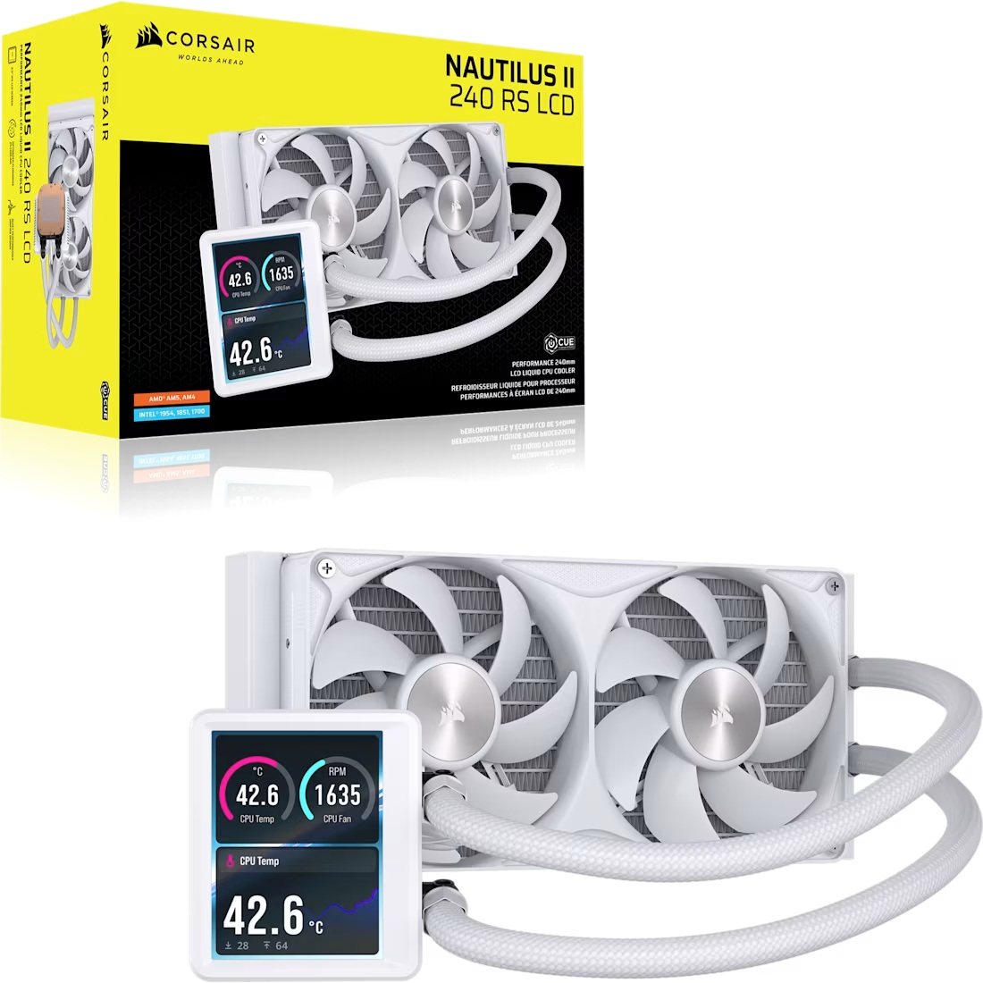 Corsair NAUTILUS II 240 RS LCD Liquid CPU Cooler - White, 240mm Rad, 3.5' LCD, FlowDrive 2S Pump, 420–2100 RPM, PWM, AM5/AM4 and LGA 1851/1700 Support