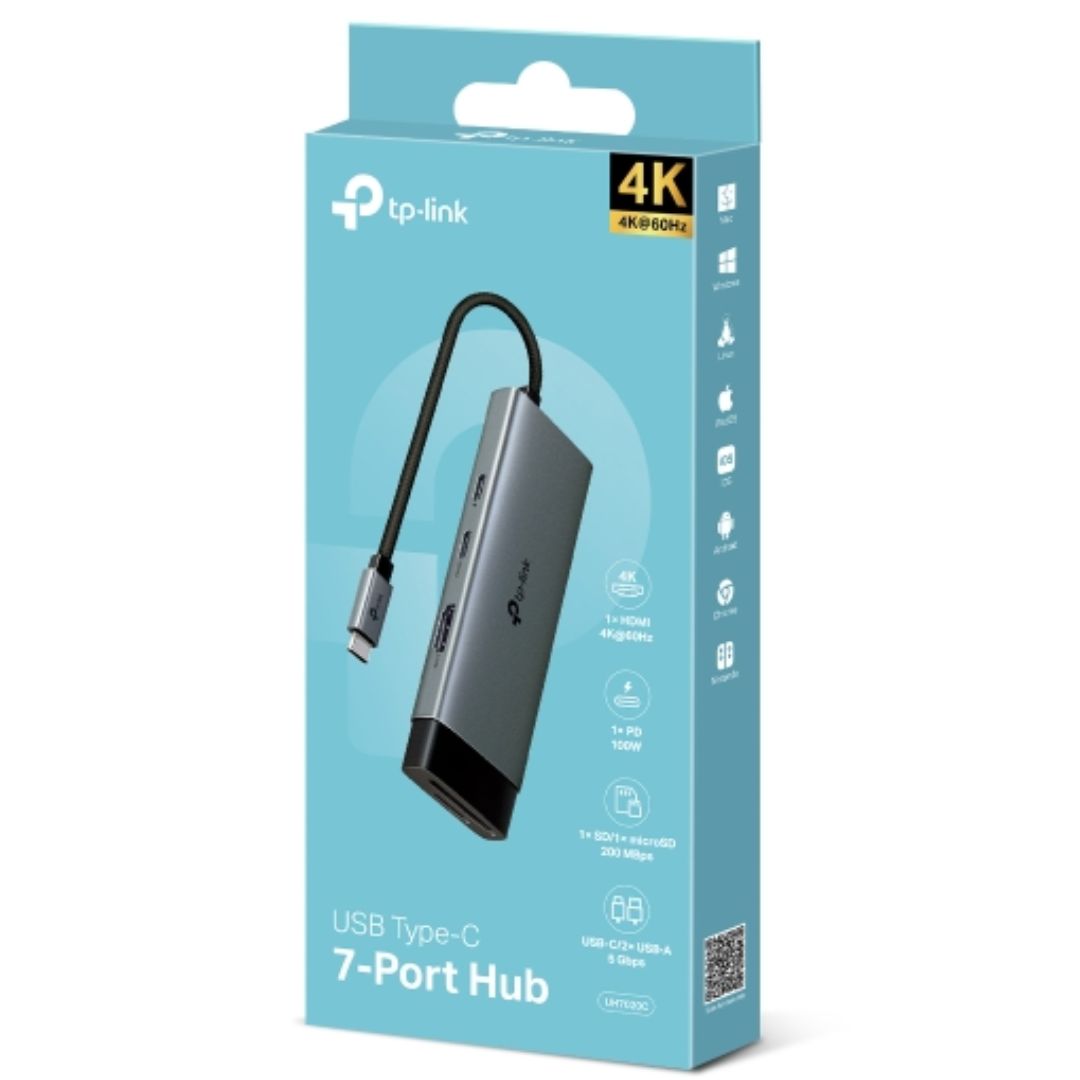 TP-Link UH7020C USB Type-C 7 in 1 Hub, 4K@60Hz HDMI, SD & microSD UHS-I, 100W Power Delivery, 1× USB-C Data Port, 2× USB-A Data Ports.