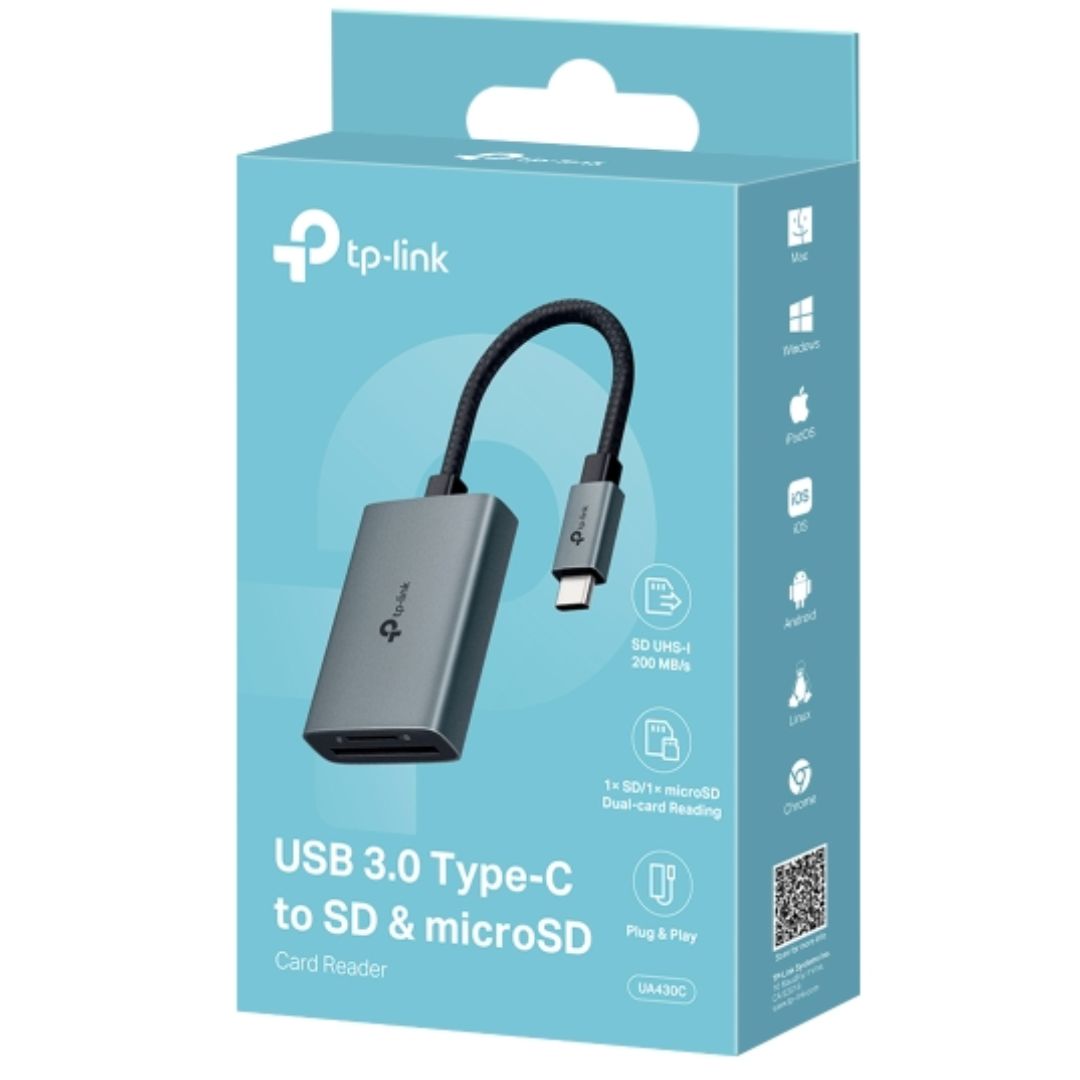 TP-Link UA430C USB 3.0 Type-C to SD & microSD 3.0 Card Reader, support SD，SDHC、SDXC，microSD、microSDHC、microSDXC cards up to 2TB.