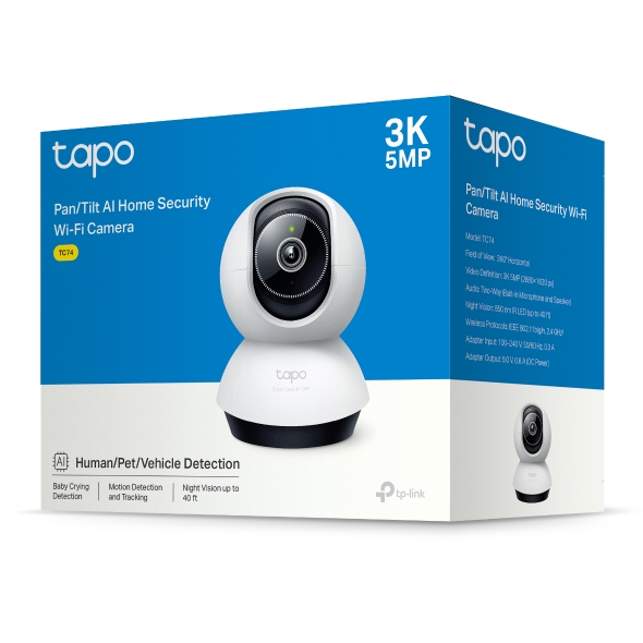 TP-Link TC74 Pan/Tilt AI Home Security Wi-Fi Camera , 3K 5MP (2880×1620), 2.4 GHz, Horizontal 360º