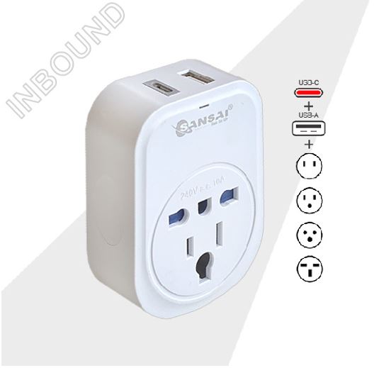 Sansai USB Travel Adaptor USB A + C 2xUSB Charging Outlets 100-240VAC 10A 2400W Compatible with plugs from many countries