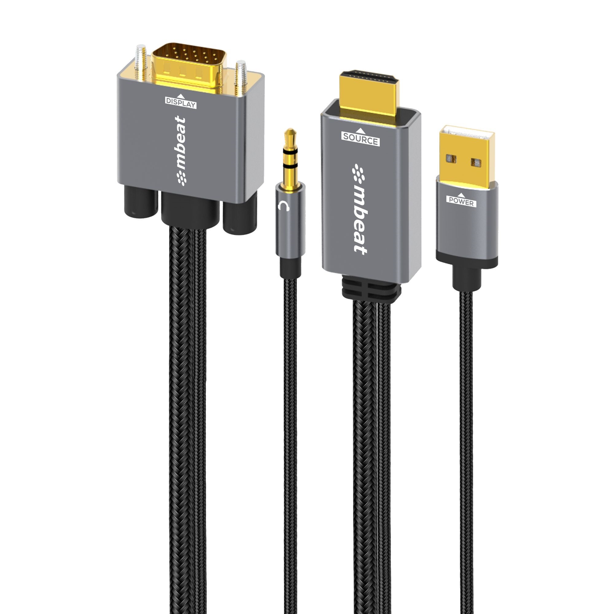 (LS) mbeat® Tough Link 1.8m HDMI to VGA Cable with USB Power & 3.5mm Audio Up to 1080p@60Hz (1920×1080) HDMI (Male)×1; USB-A (Connect to Power)×1