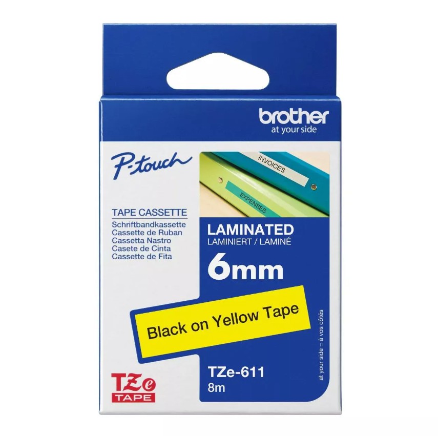 Brother TZE-611 - 6MM BLACK ON YELLOW TZE TAPE