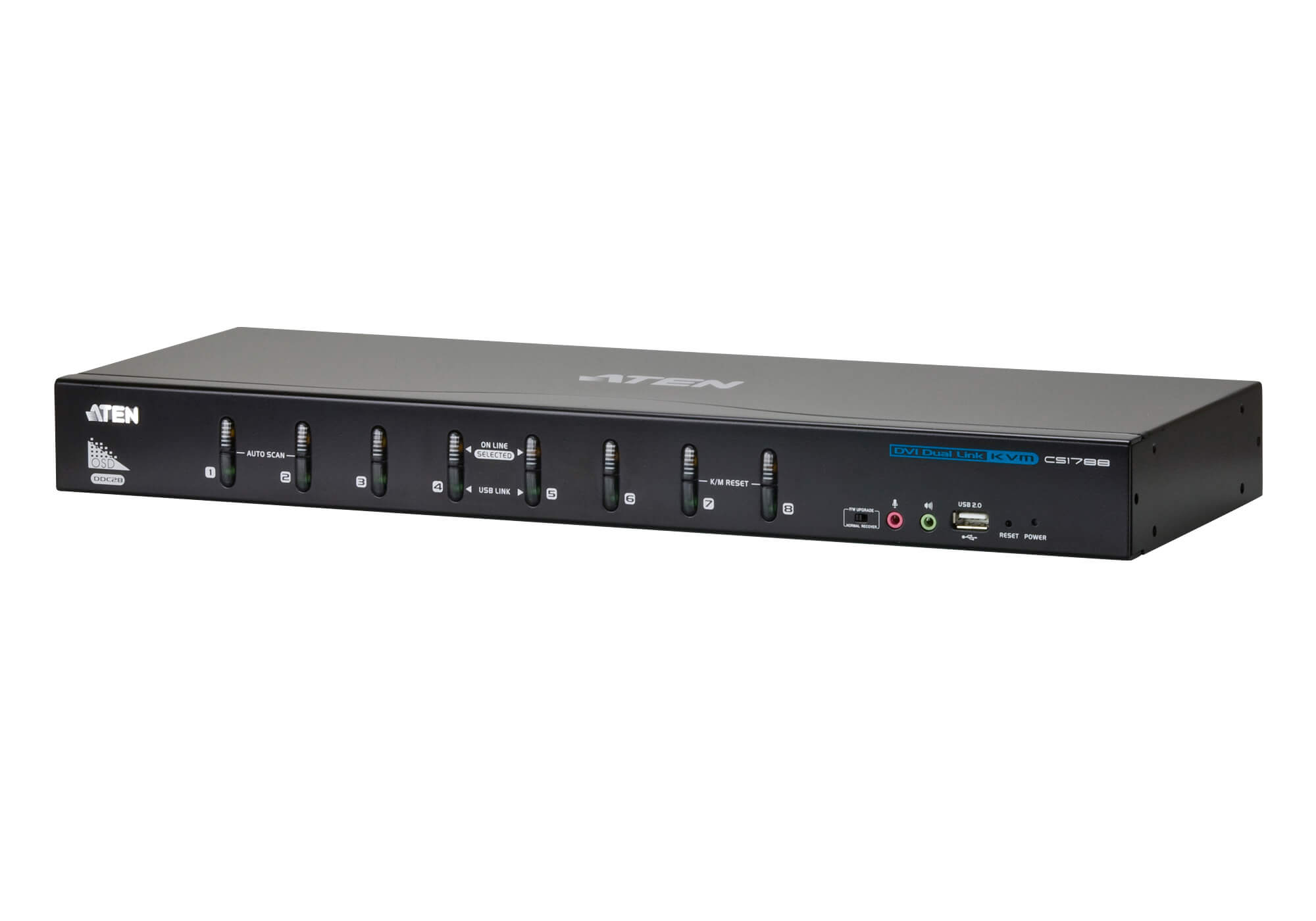 Aten 8 Port USB DVI Dual Link KVM Switch, Video DynaSync, 2.1 Audio, multi-display support by stacking up to four CS1788 units, Mouse and Keyboard emu