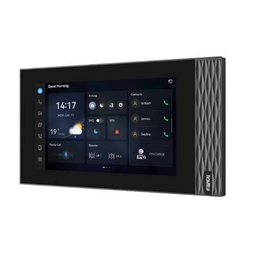 Fanvil i554 2-Wire SIP indoor a 7-inch 1024×600 touchscreen, 2W speaker, 8 alarm inputs, RS485 interface, and wall/desktop mounting, advanced acoustic