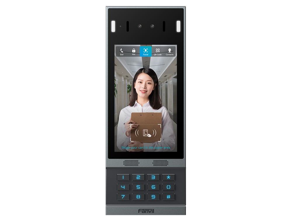 Fanvil i67 a SIP door phone featuring facial recognition, 7-inch color touchscreen, dual cameras with night vision, 4Ω/3W speaker, IP66/IK07 protect